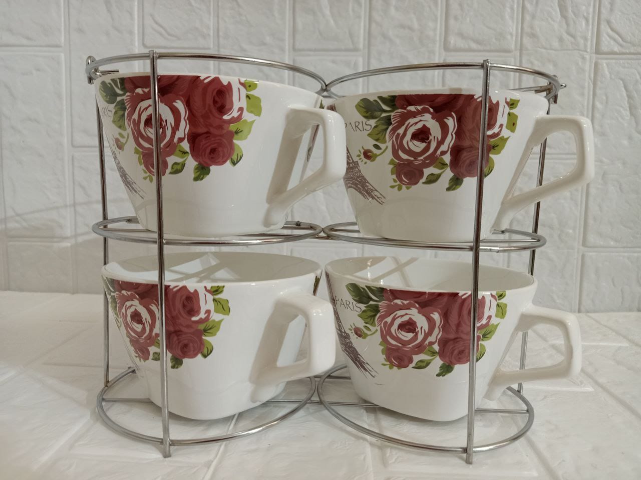 طقم مج شوربة بورسلين كلاسيك بحامل قادوس